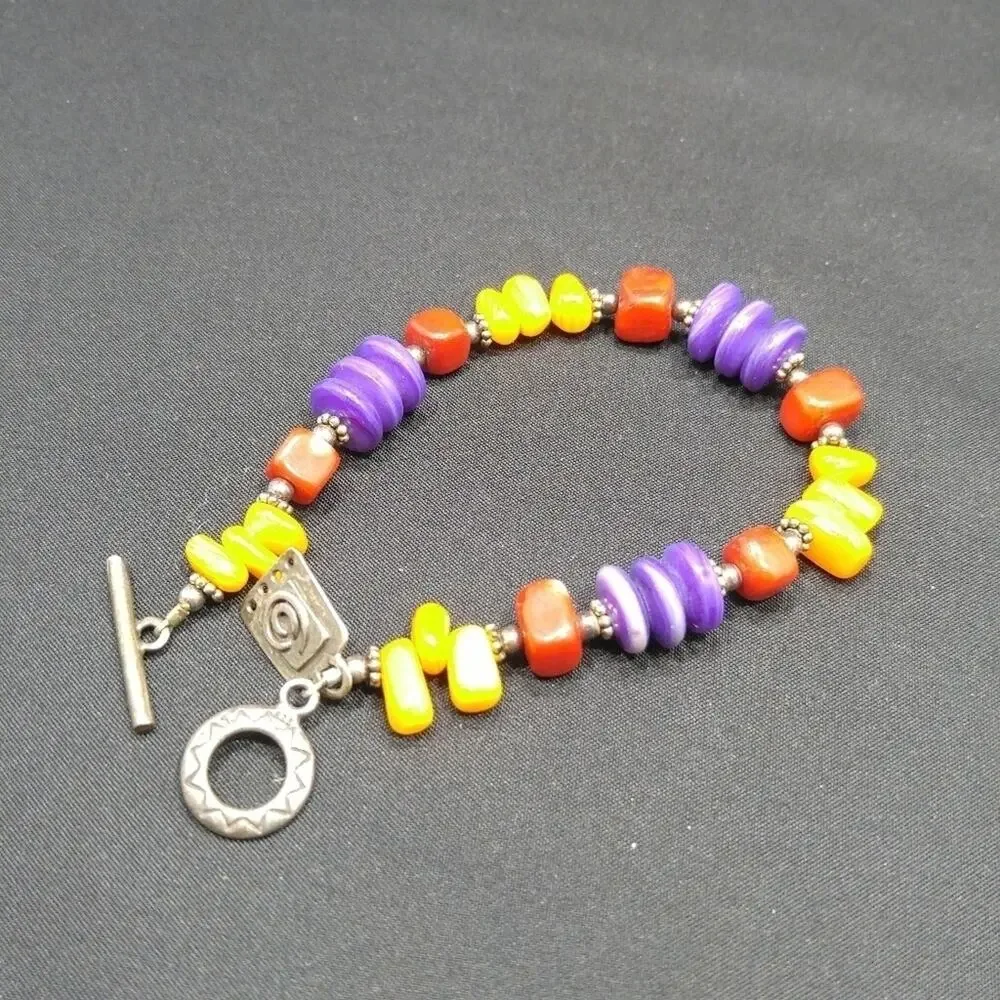 Vintage Gemstone Bracelet, Orange Purple Red Toggle Clasp, 7 3/4 Inches